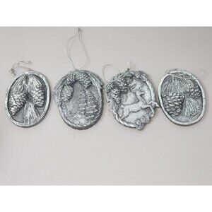 Set Of 4 Silver Tone Christmas‎ Holiday Ornaments With Pinecones & Deer Design